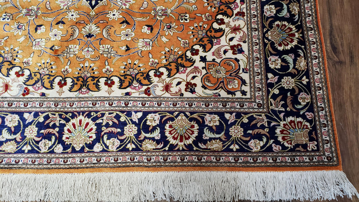 Vintage Persian Qum Silk Rug 4.6 x 6.7, Burnt Orange and Navy Blue, Antique Oriental Very Fine Signature Master Weaver 350+ KPSI Ghom Qom 5x7 Rug