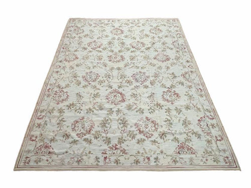 9x12 Flatweave Aubusson Needlepoint Rug, New, Beige, Tan, Green, Handmade, Hand-Knotted Area Rug, French European Carpet, Flowers - Nuvé