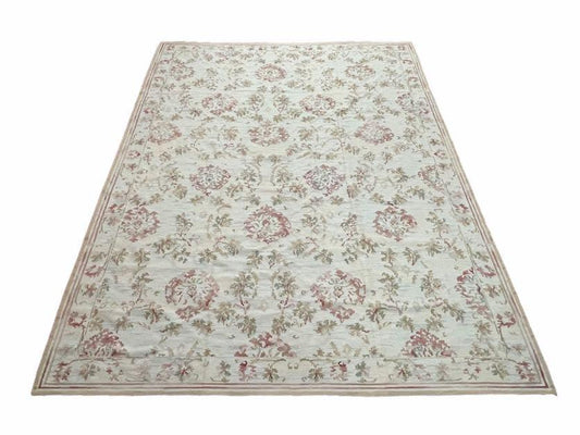 9x12 Flatweave Aubusson Needlepoint Rug, New, Beige, Tan, Green, Handmade, Hand-Knotted Area Rug, French European Carpet, Flowers - Nuvé