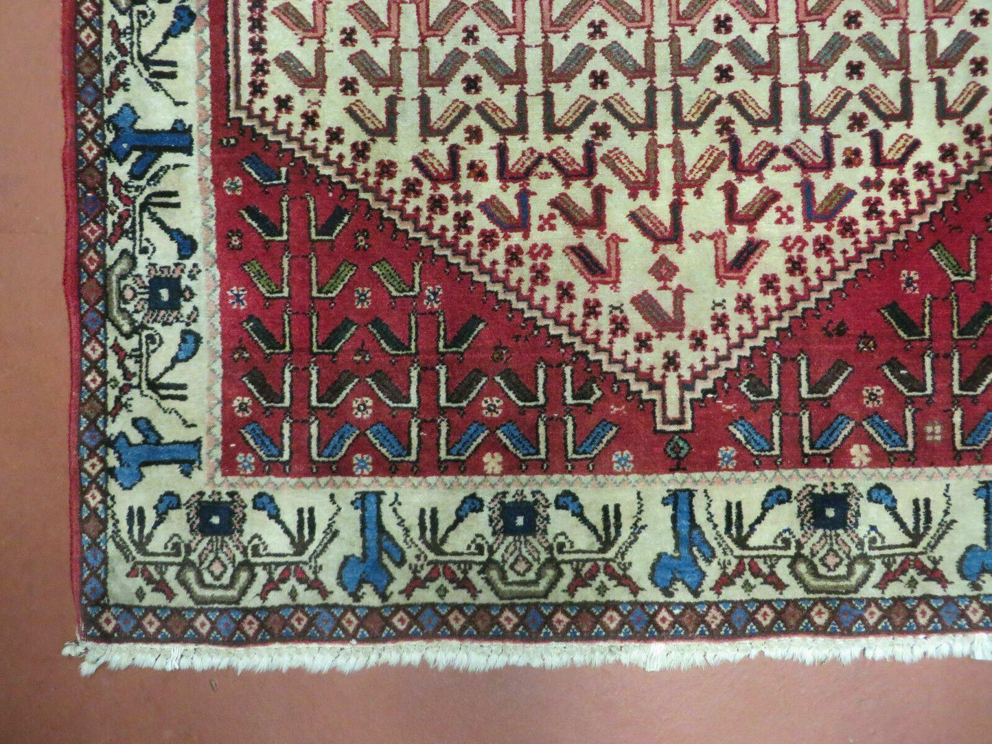3' X 5' Vintage Handmade India Geometric Oriental Wool Rug Nice Birds Ivory Red - Nuvé