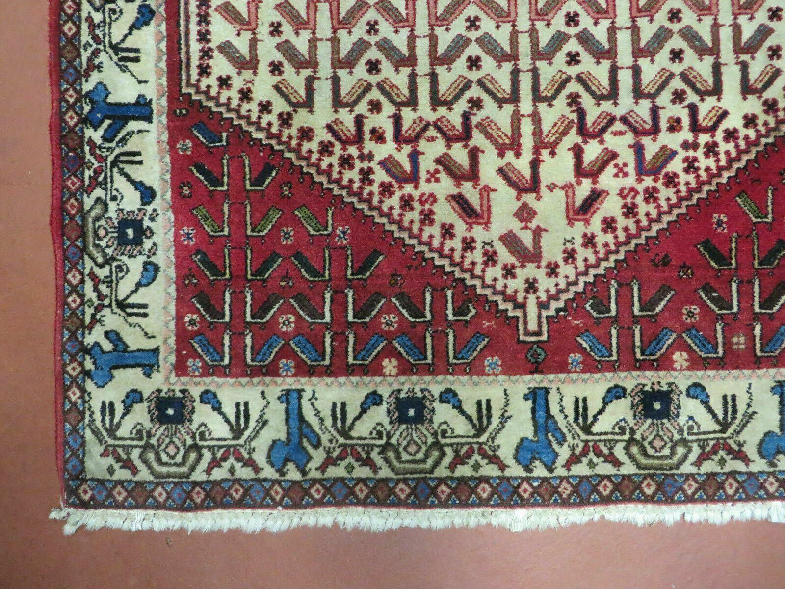 3' X 5' Vintage Handmade India Geometric Oriental Wool Rug Nice Birds Ivory Red - Nuvé