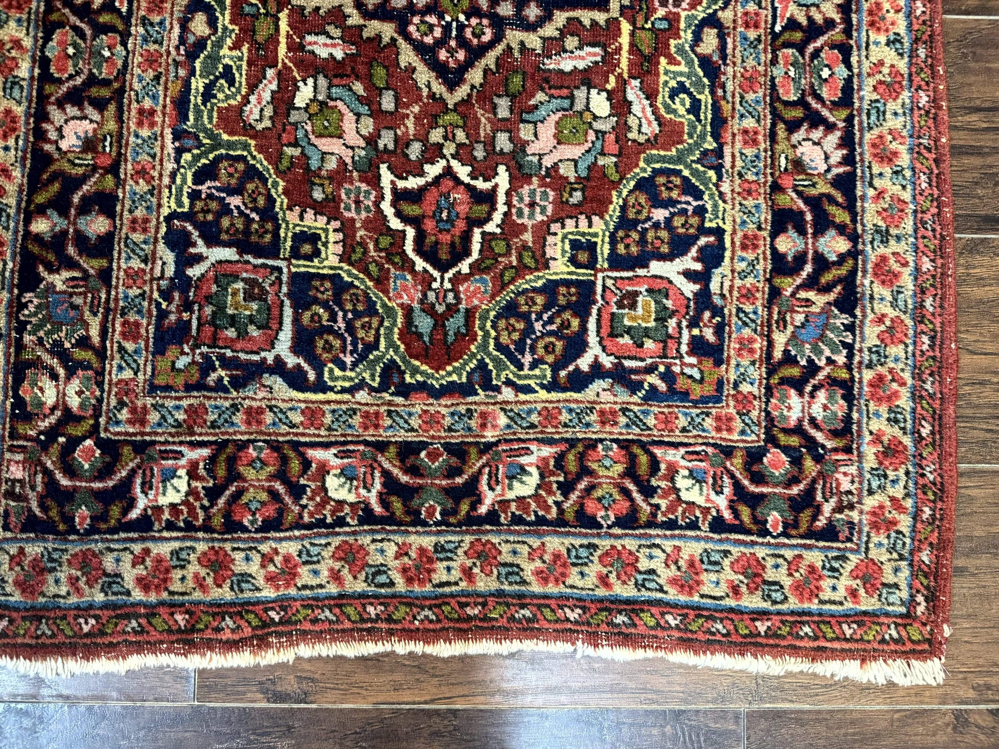 Antique Persian Tabriz Rug 3x5, Brick Red Navy Blue, Floral Medallion, Small Persian Carpet - Nuvé