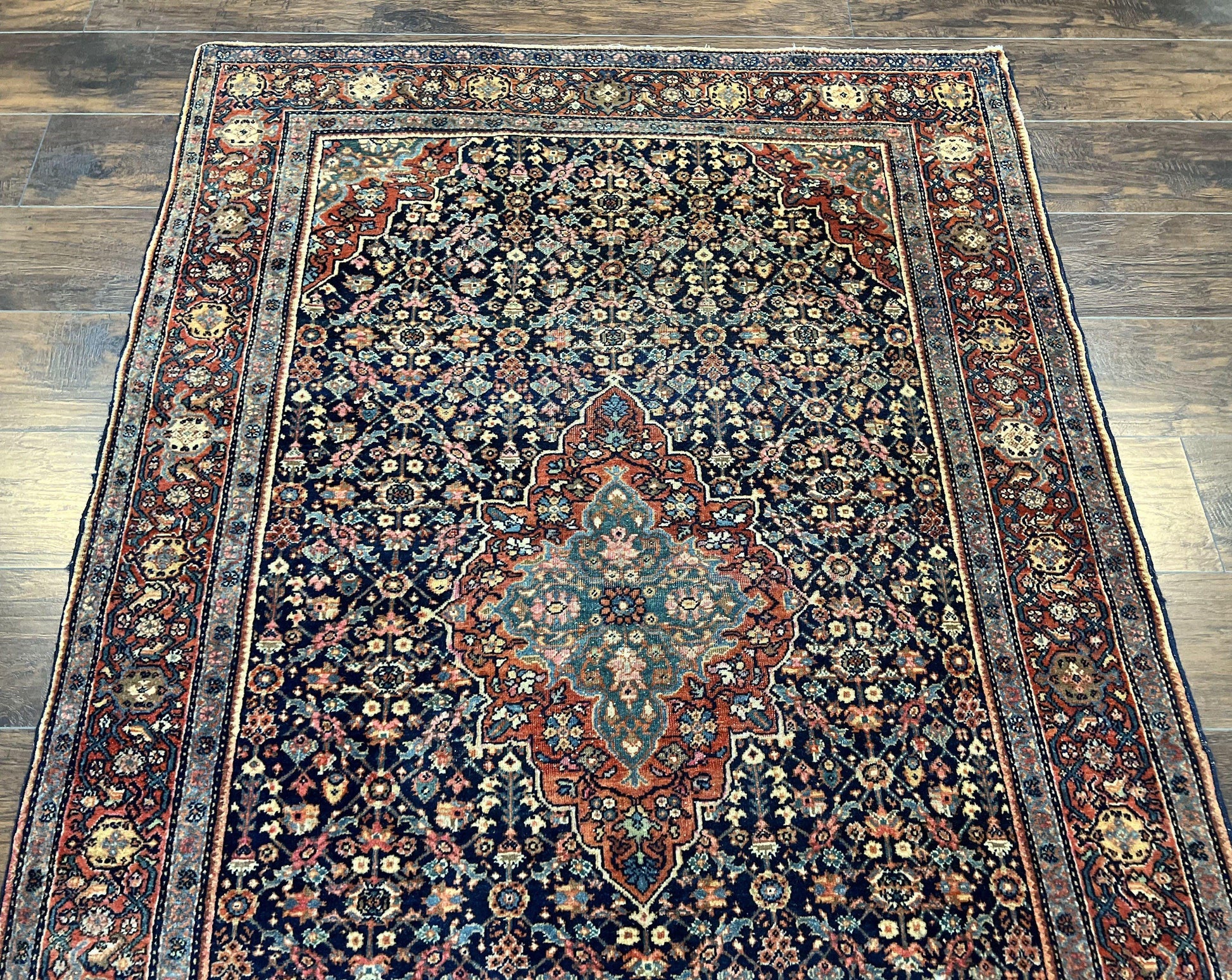 Persian Rug 4x7 Antique Sarouk Farahan Carpet, Navy Blue and Red Wool Rug - Nuvé