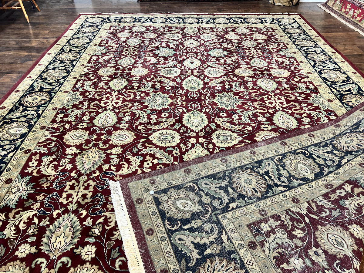 Indo Persian Rug 10x14, Floral Allover, Maroon, Handmade Hand Knotted VIntage Wool Rug, Large Oriental Carpet