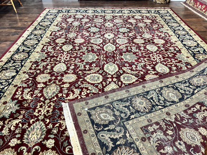 Indo Persian Rug 10x14, Floral Allover, Maroon, Handmade Hand Knotted VIntage Wool Rug, Large Oriental Carpet