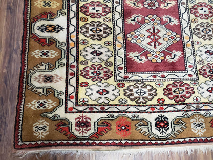 Turkish Caucasian Rug 4x7, Vintage Hand-Knotted Wool Turkish Talish Carpet 4 x 7, Cream, Burnt Orange Carmine Red Area Rug, Bohemian Rug - Nuvé