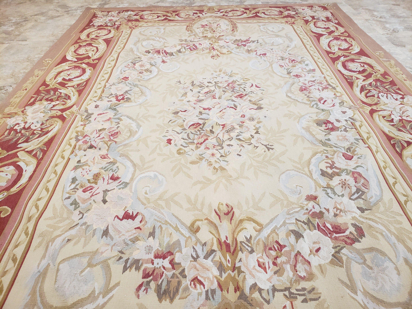 Aubusson Rug 6x9, Elegant Flatweave Rug, Aubusson Savonnerie 6 x 9 Flatweave Area Rug, Cream and Red, Wool Hand Woven Carpet, Medium Size - Nuvé