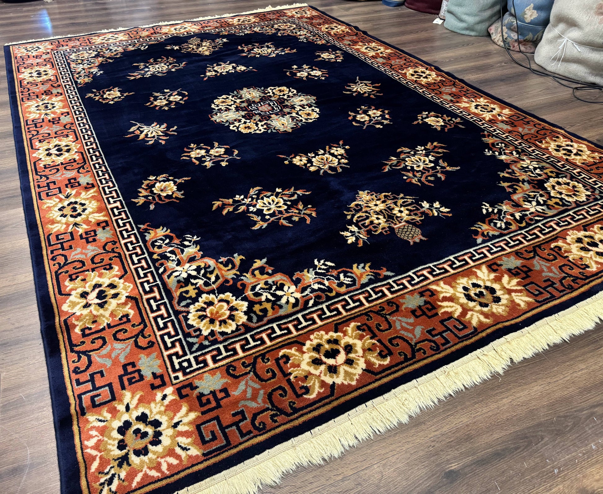 Chinese Wool Rug 8x11, Navy Blue and Terracotta, Floral, Couristan Belgium Power Loomed Carpet - Nuvé