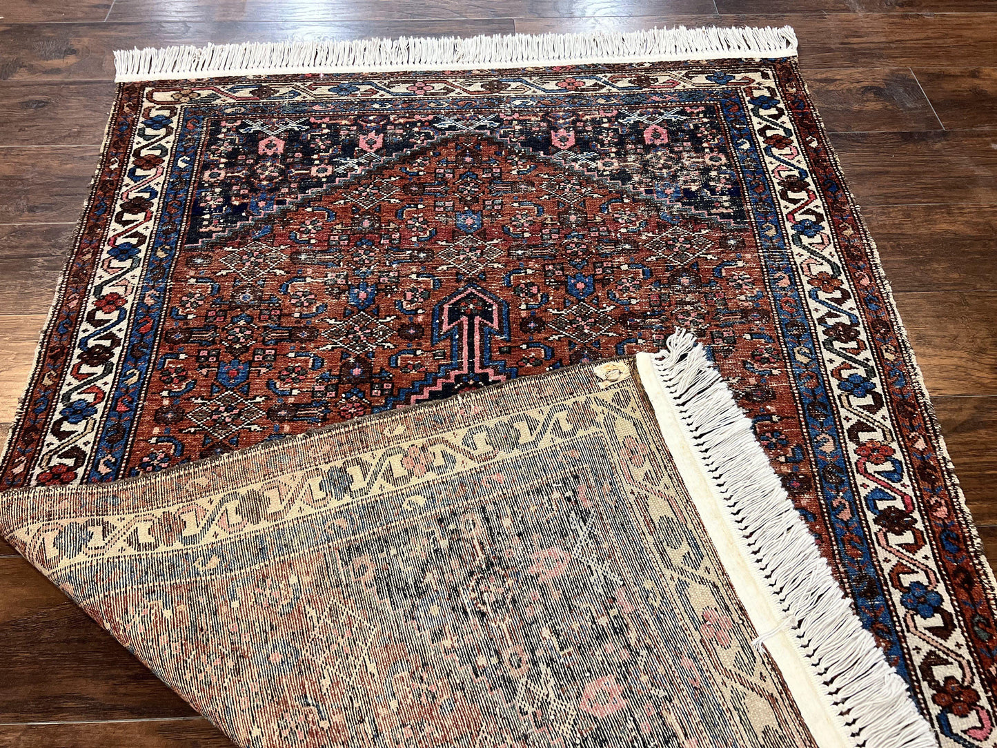 Red Persian Hamadan Rug 4x6, Wool Handmade Antique Carpet, Geometric Medallion Rug, Oriental Rug 4 x 6, Persian Tribal Rug, Hand Knotted Rug - Nuvé