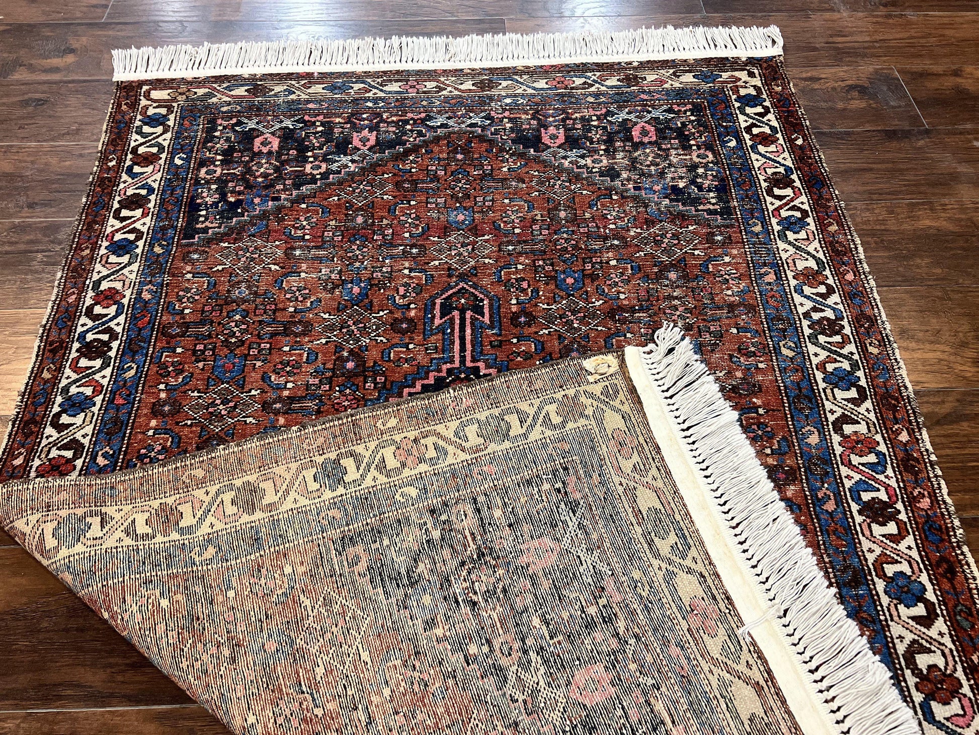 Red Persian Hamadan Rug 4x6, Wool Handmade Antique Carpet, Geometric Medallion Rug, Oriental Rug 4 x 6, Persian Tribal Rug, Hand Knotted Rug - Nuvé