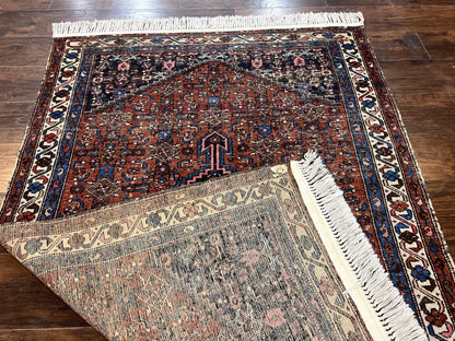 Red Persian Hamadan Rug 4x6, Wool Handmade Antique Carpet, Geometric Medallion Rug, Oriental Rug 4 x 6, Persian Tribal Rug, Hand Knotted Rug - Nuvé