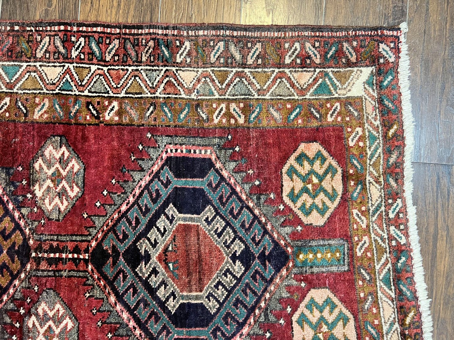 Persian Heriz Runner Rug 3.8 x 8.6, Geometric Design, Large Triple Medallions, Hand Knotted Handmade Vintage Wool Hallway Rug, Red - Nuvé