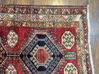 Persian Heriz Runner Rug 3.8 x 8.6, Geometric Design, Large Triple Medallions, Hand Knotted Handmade Vintage Wool Hallway Rug, Red - Nuvé