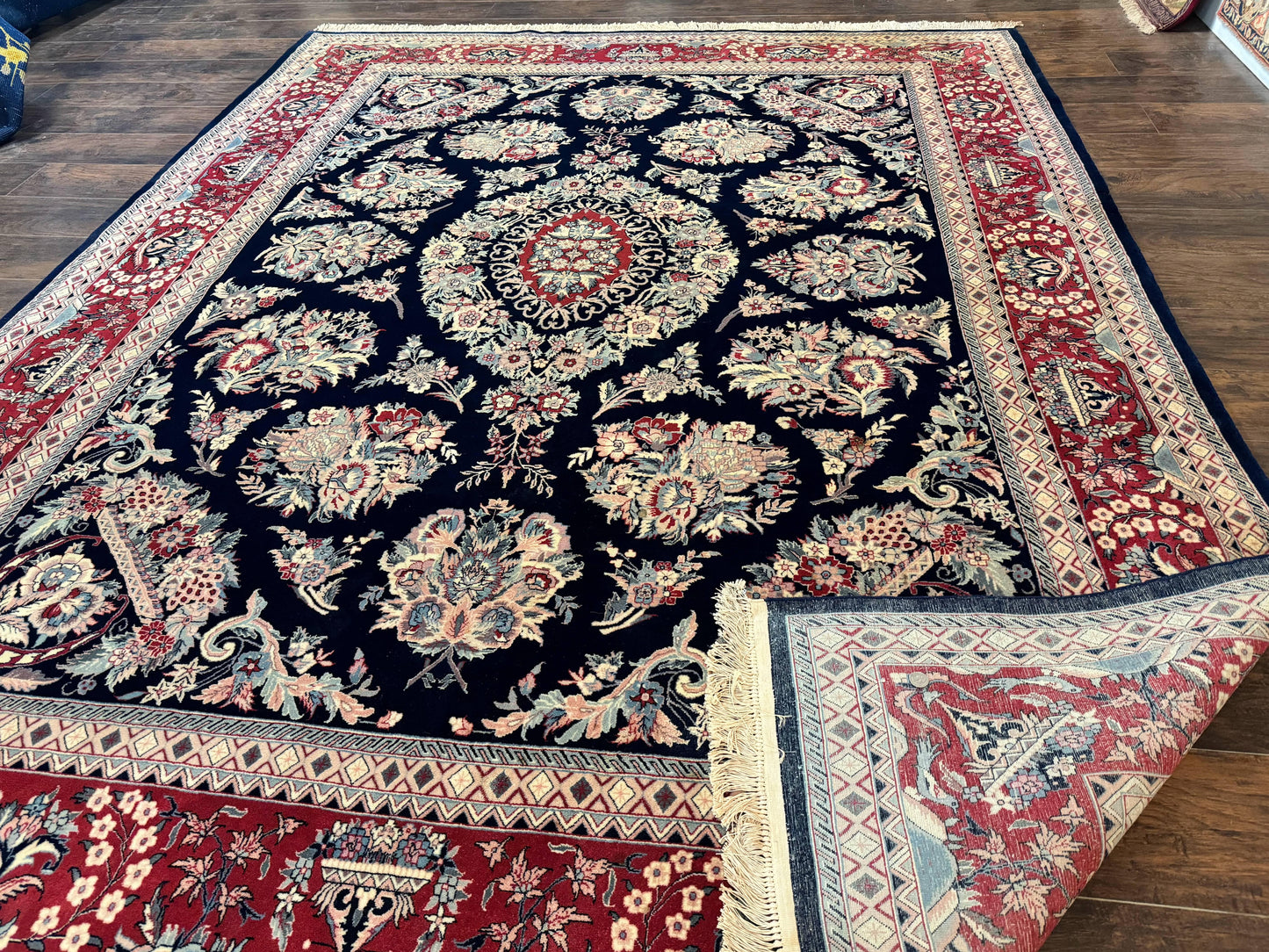 Sino Persian Rug 8x10, Floral Kirman Carpet, Navy Blue and Red, Floral Vases, Handmade Vintage Wool Carpet, 320 KPSI - Nuvé