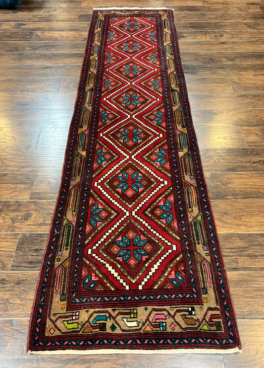 Persian Tribal Runner Rug 3x10, Red Camel Hair Navy Blue, Handmade Hand Knotted 10ft Wool Oriental Vintage Runner for Kitchen or Hallway, Persian Lilihan Hamadan Runner - Nuvé