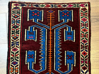 Persian Tribal Rug 1.8 x 2, Small Balouchi Rug, Unique Design, Burgundy and Blue - Nuvé