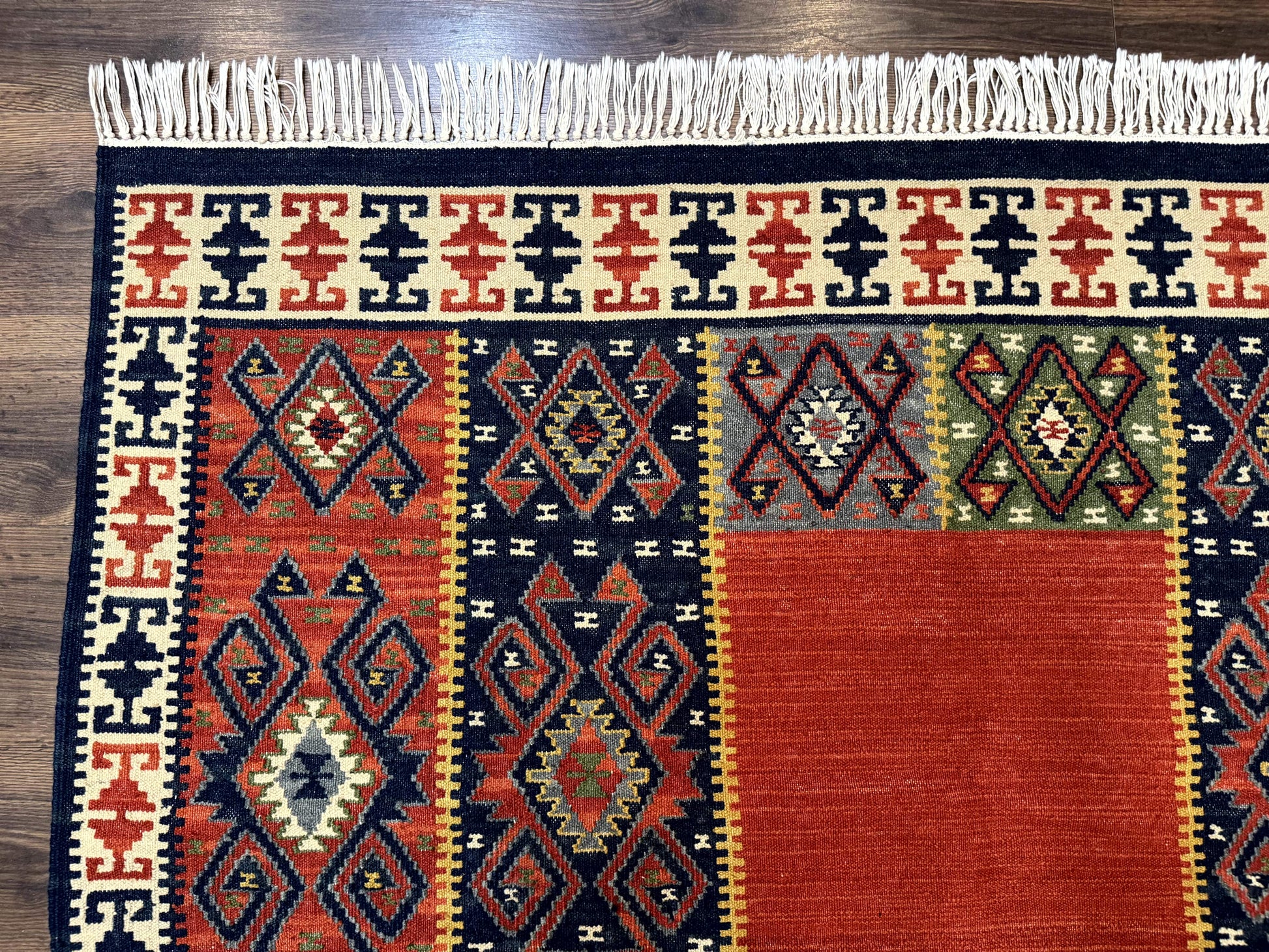 Turkish Kilim Rug 5x8, Flatweave Carpet, Handmade Bohemian Rug, Terracotta and Navy Blue - Nuvé