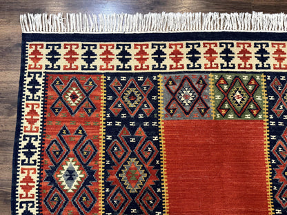 Turkish Kilim Rug 5x8, Flatweave Carpet, Handmade Bohemian Rug, Terracotta and Navy Blue - Nuvé