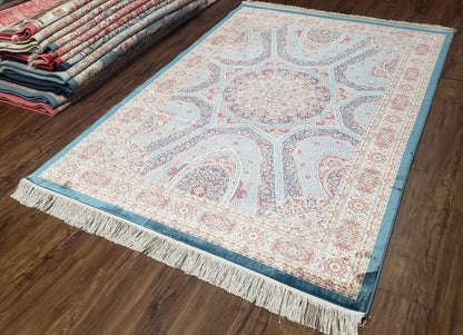 4x6 Silk Carpet, Light Blue & Beige Oriental Rug 4 x 6ft, Traditional Design Medallion All Over, Bamboo Silk, Super Fine, High Quality, Soft - Nuvé