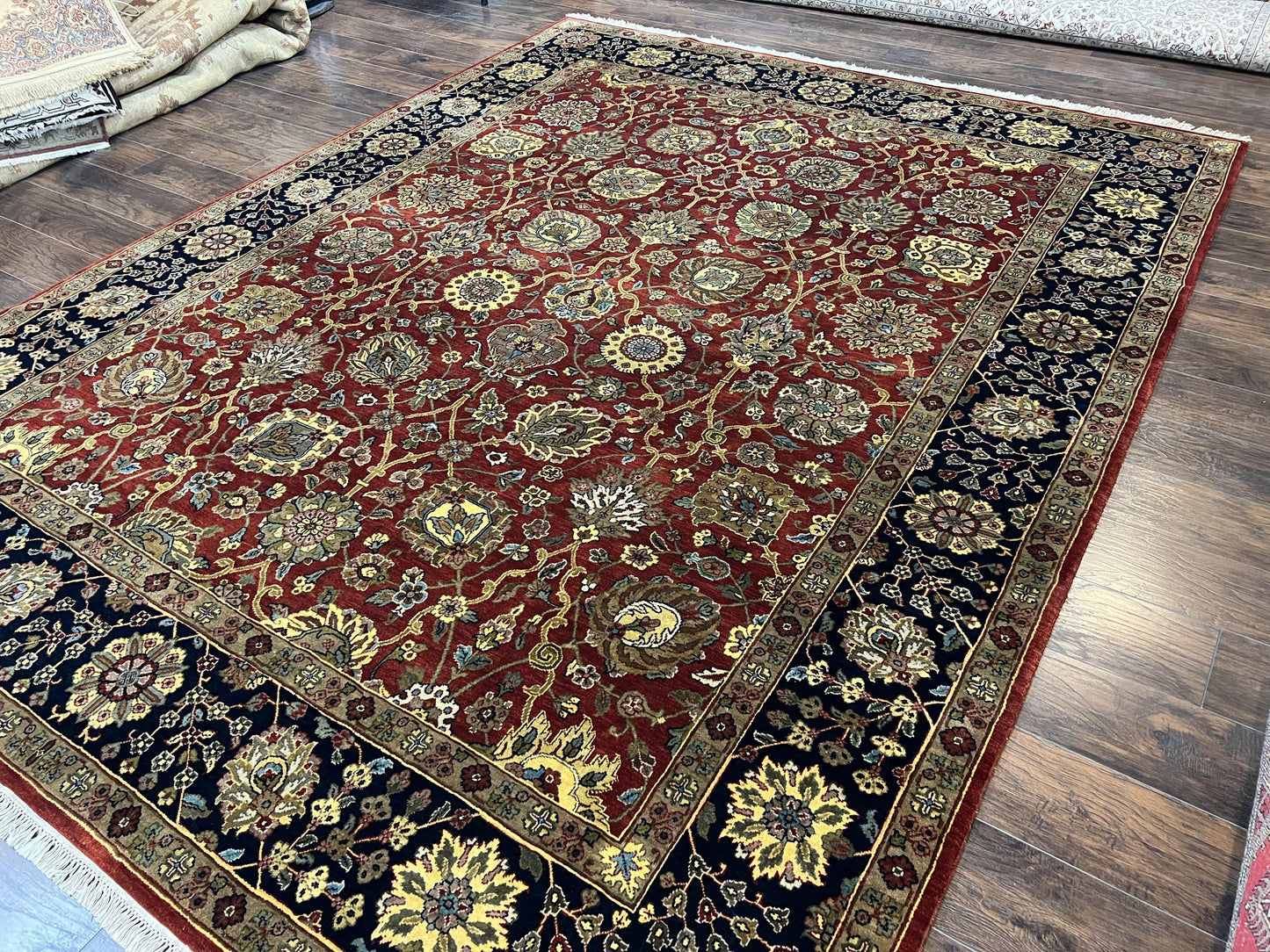 Indo Persian Rug 9x12, Hand Knotted Traditional Indian Wool Oriental Carpet 9 x 12 ft, Maroon and Navy Blue, Floral Allover 9x12 Vintage Rug - Nuvé