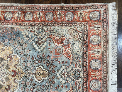 Silk Turkish Rug 5x7, Light Blue Silk Carpet, Floral Medallion, Turkish Kayseri Rug, Vintage Handmade Oriental Rug - Nuvé