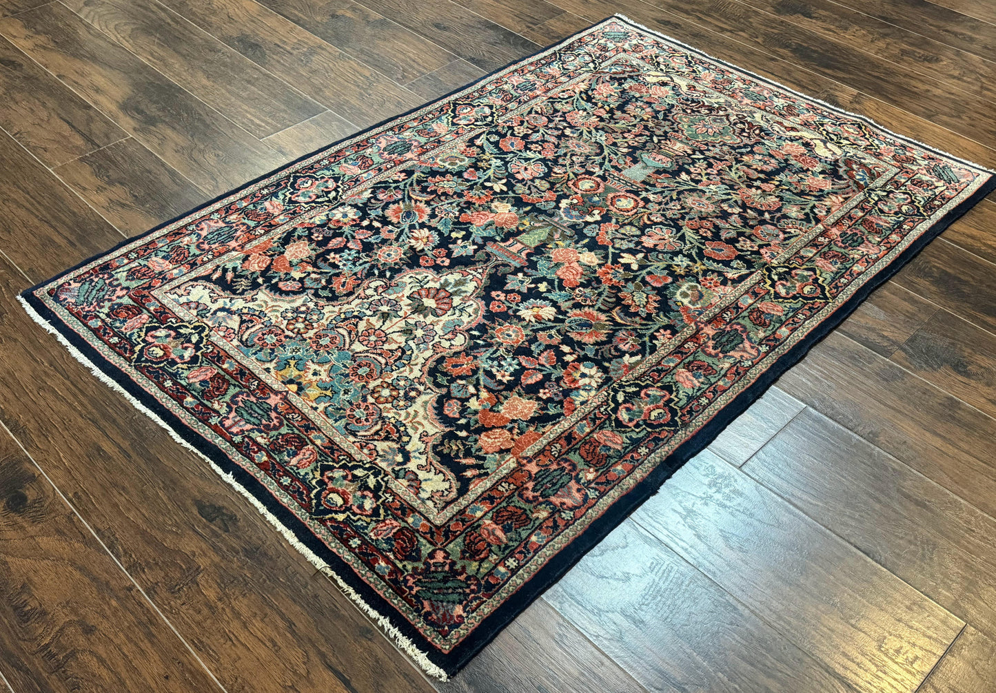 Antique Persian Rug 4x5, Navy Blue 1920s Carpet, Wool, Rare, Fine, Persian Hamadan Bidjar Carpet - Nuvé