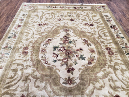 Vintage Nepali Tibetan Aubusson Rug 6x9, Wool Hand-Knotted Cream Beige Carpet, Leaves & Floral Pattern 6 x 9 Soft Area Rug Home Office Rug - Nuvé