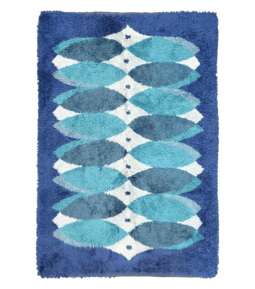 Blue Rya Rug, 1960s Mid-Century Modern Danish Shag Rug 4'6" x 6'7", Ege Rya, Abstract