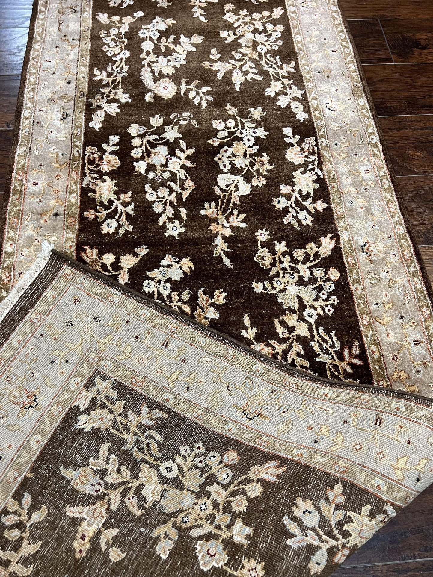 Peshawar Runner Rug 3 x 20, Wool Hand Knotted Vintage Pakistani Carpet, Brown & Taupe, Chobi Mahal Floral Rug, Extra Long Hallway Runner - Nuvé