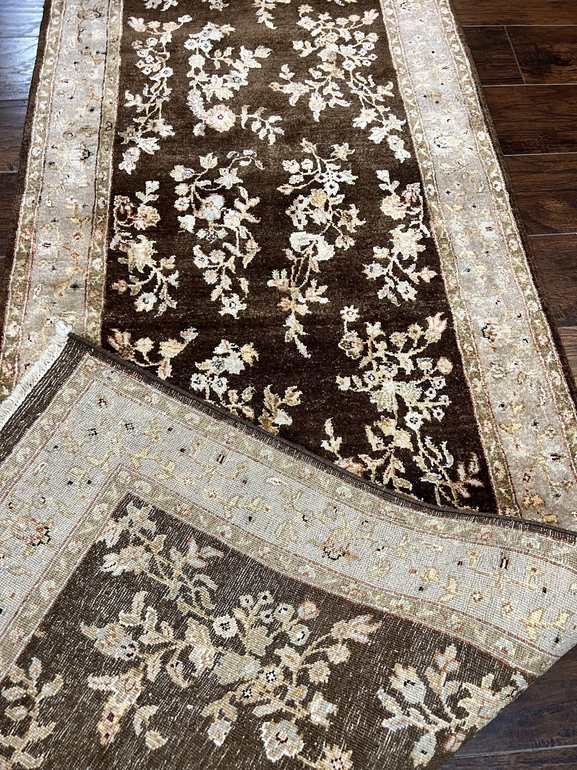 Peshawar Runner Rug 3 x 20, Wool Hand Knotted Vintage Pakistani Carpet, Brown & Taupe, Chobi Mahal Floral Rug, Extra Long Hallway Runner - Nuvé