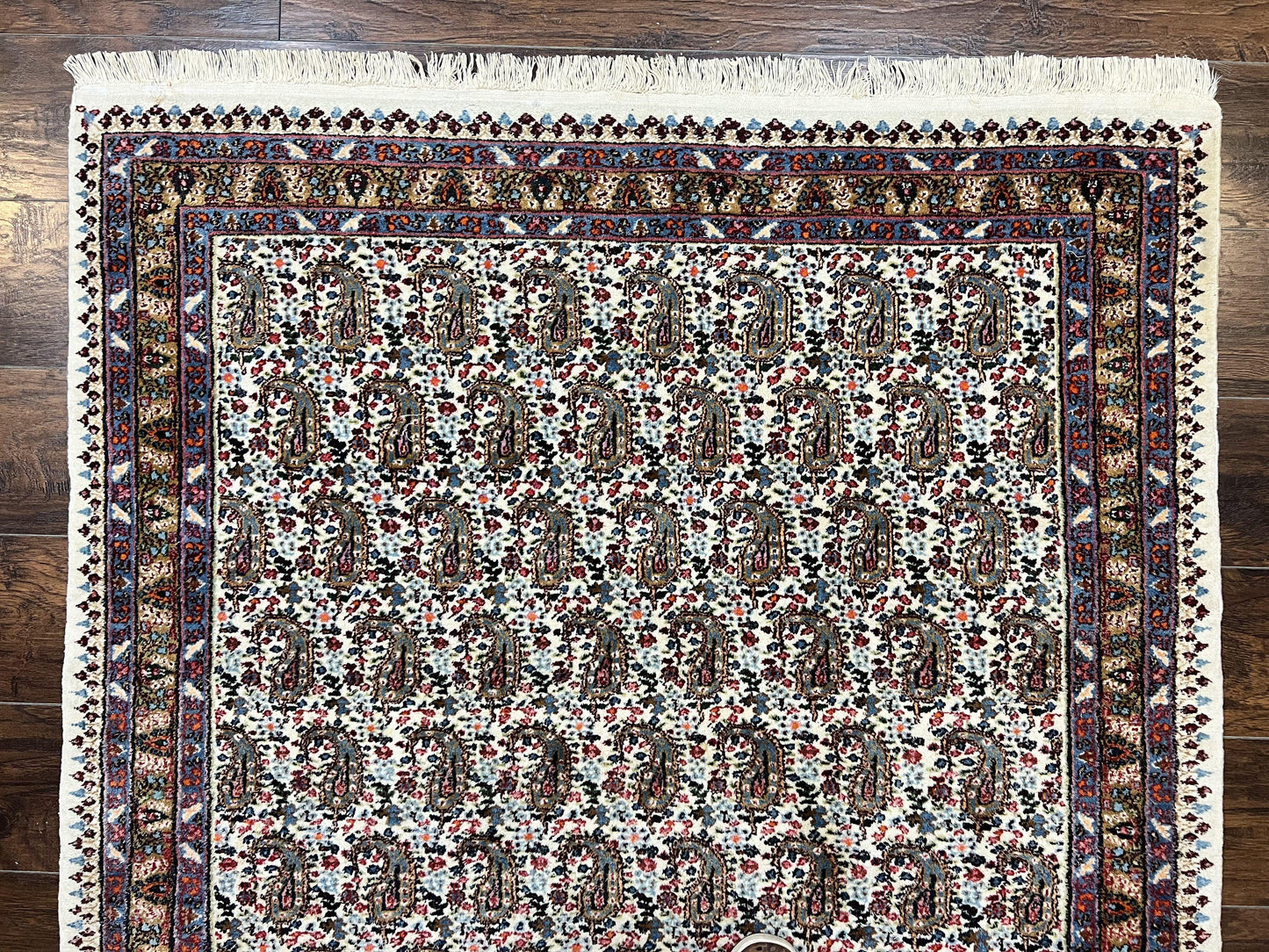 Persian Rug 4x6, Mashad Kashmar Rug, Boteh Paisley Design, Allover Repeated Pattern, Ivory Hand Knotted Vintage Semi Antique Persian Oriental Carpet - Nuvé