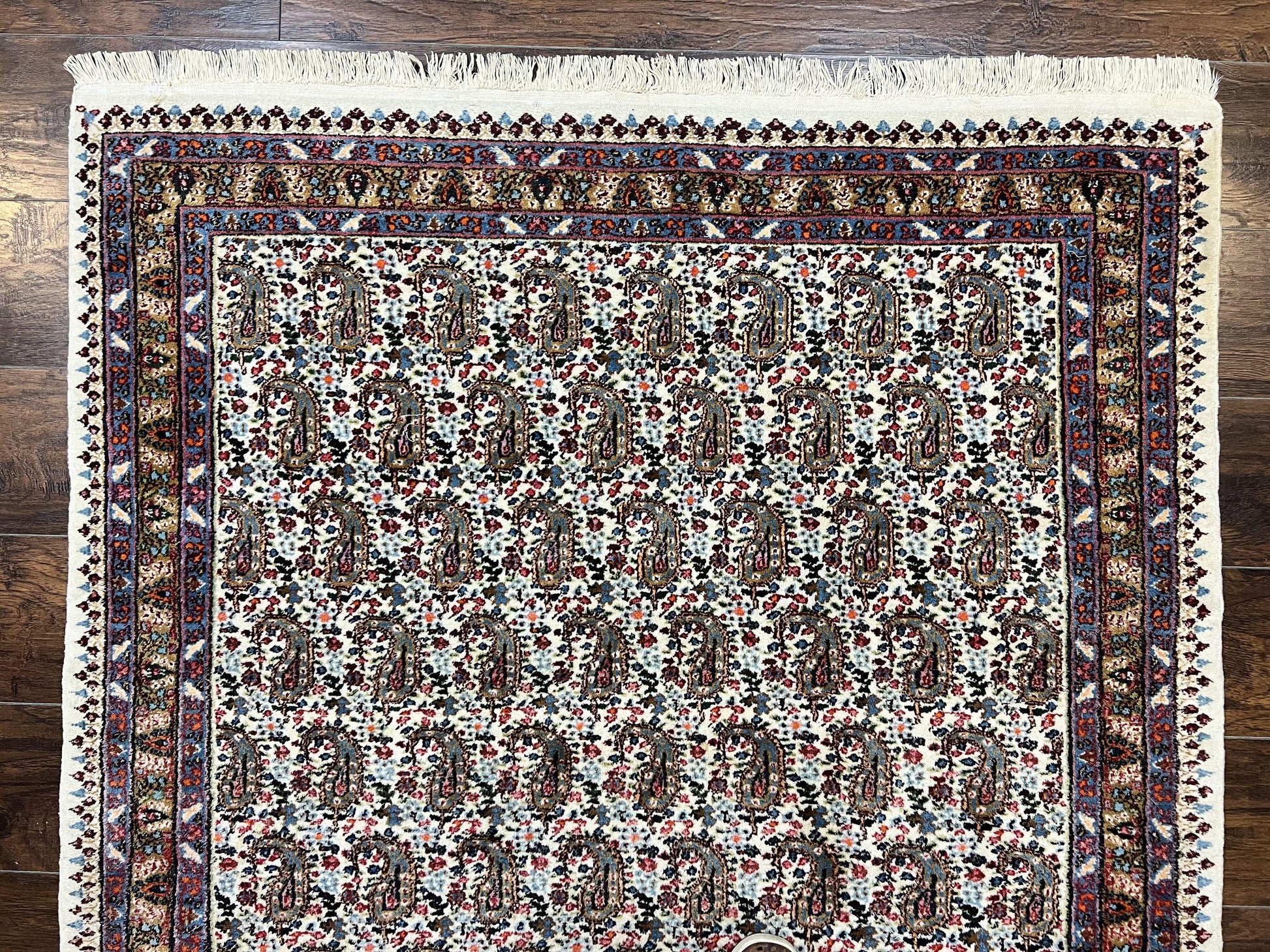 Persian Rug 4x6, Mashad Kashmar Rug, Boteh Paisley Design, Allover Repeated Pattern, Ivory Hand Knotted Vintage Semi Antique Persian Oriental Carpet - Nuvé