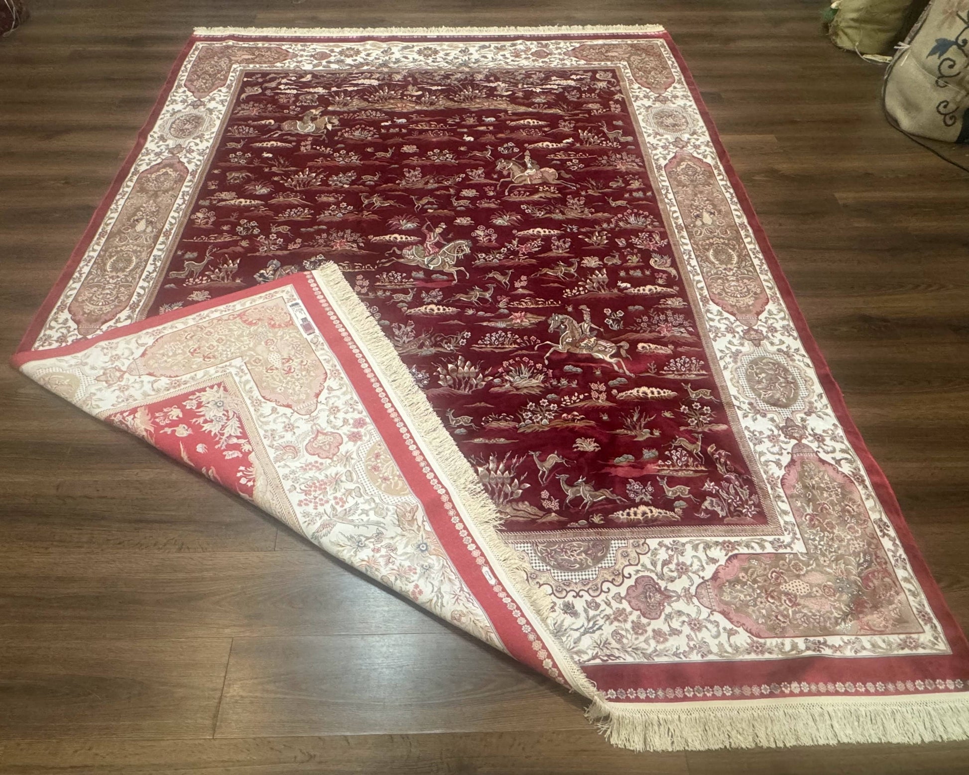 Turkish Silk Rug 8x10, Red & Ivory, Hunting Design, Bamboo Silk, New - Nuvé