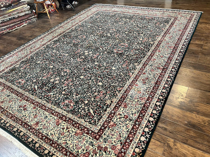 Large Sino Persian Rug 10x14, Wool Hand Knotted Vintage Carpet, Dark Green & Beige, Kirman Floral Rug, Fine Weave, Traditional, Large - Nuvé