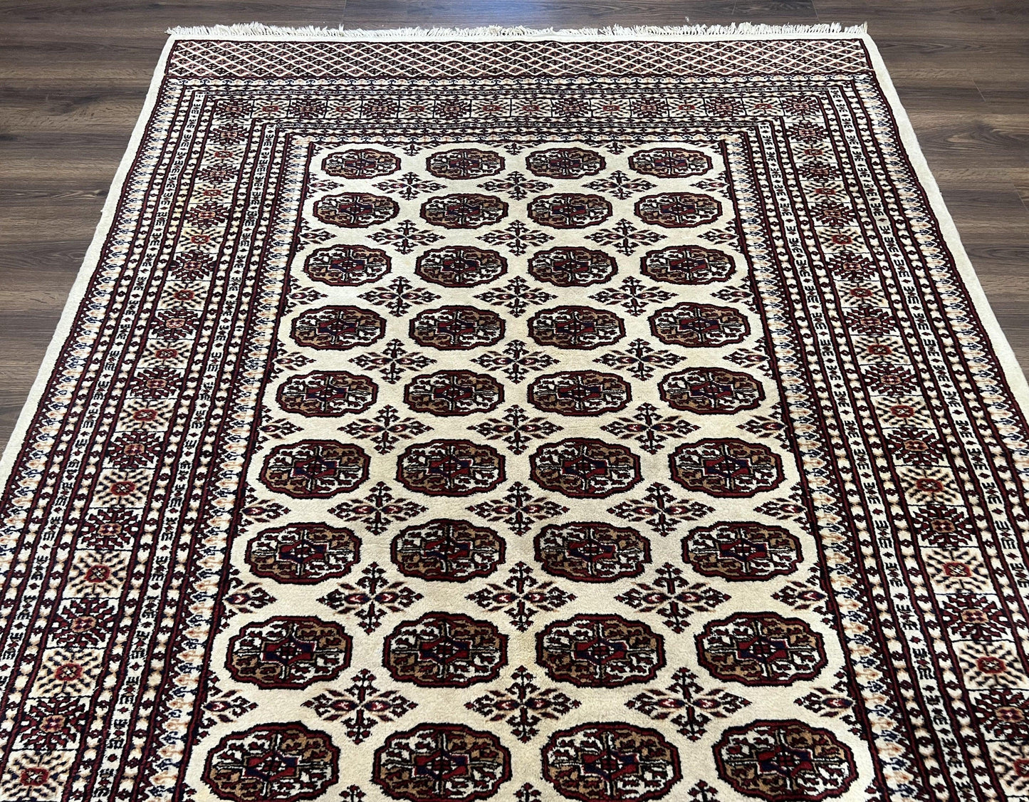 Pakistani Turkoman Rug 6x9, Cream and Red Hand Knotted Wool Oriental Carpet, Yamud Rug, Tribal Rug 6 x 9, Bohemian Area Rug, Bokhara Rug - Nuvé