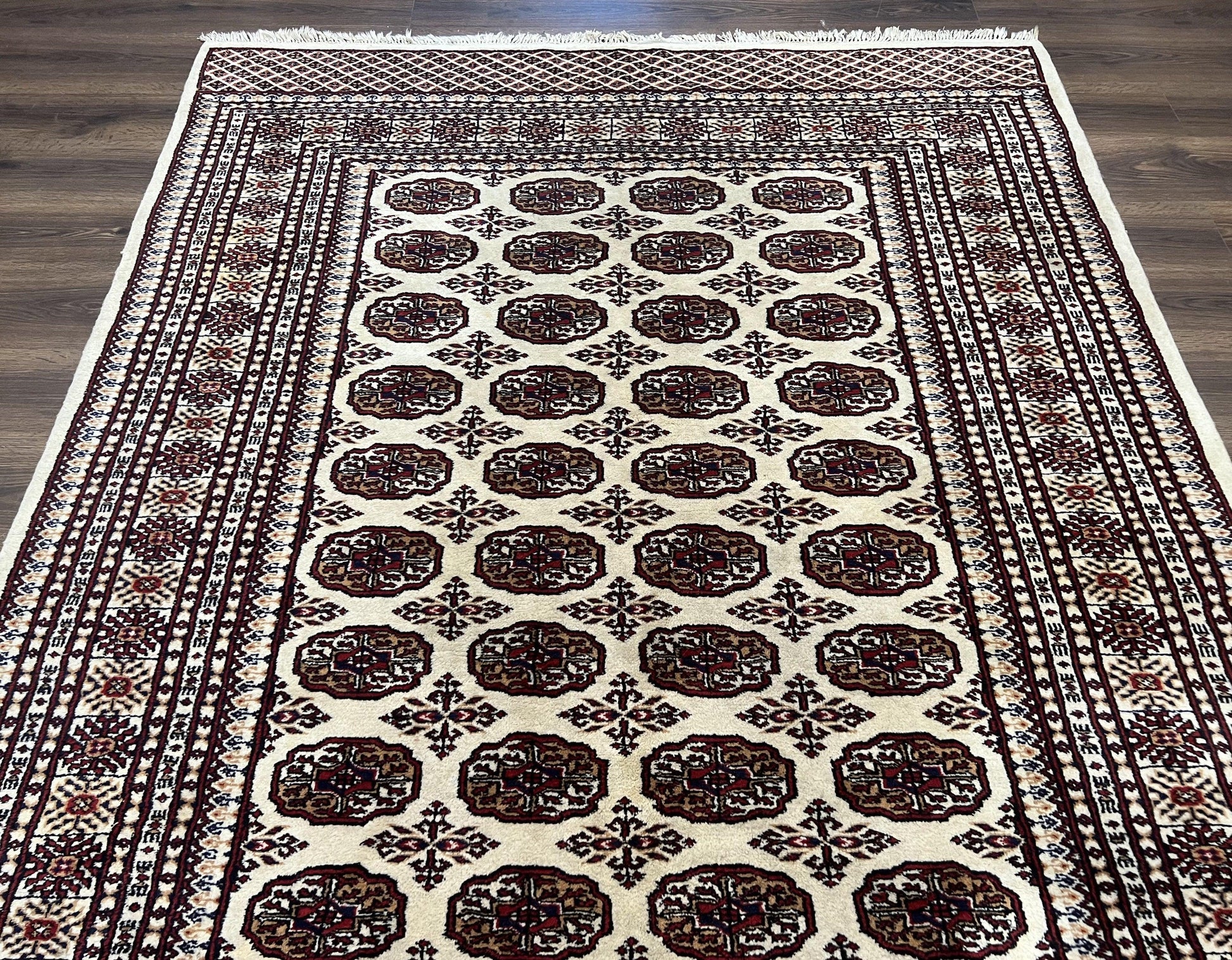 Pakistani Turkoman Rug 6x9, Cream and Red Hand Knotted Wool Oriental Carpet, Yamud Rug, Tribal Rug 6 x 9, Bohemian Area Rug, Bokhara Rug - Nuvé