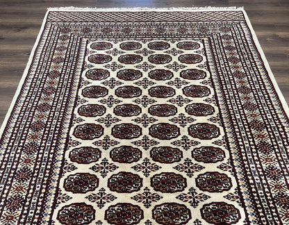 Pakistani Turkoman Rug 6x9, Cream and Red Hand Knotted Wool Oriental Carpet, Yamud Rug, Tribal Rug 6 x 9, Bohemian Area Rug, Bokhara Rug - Nuvé