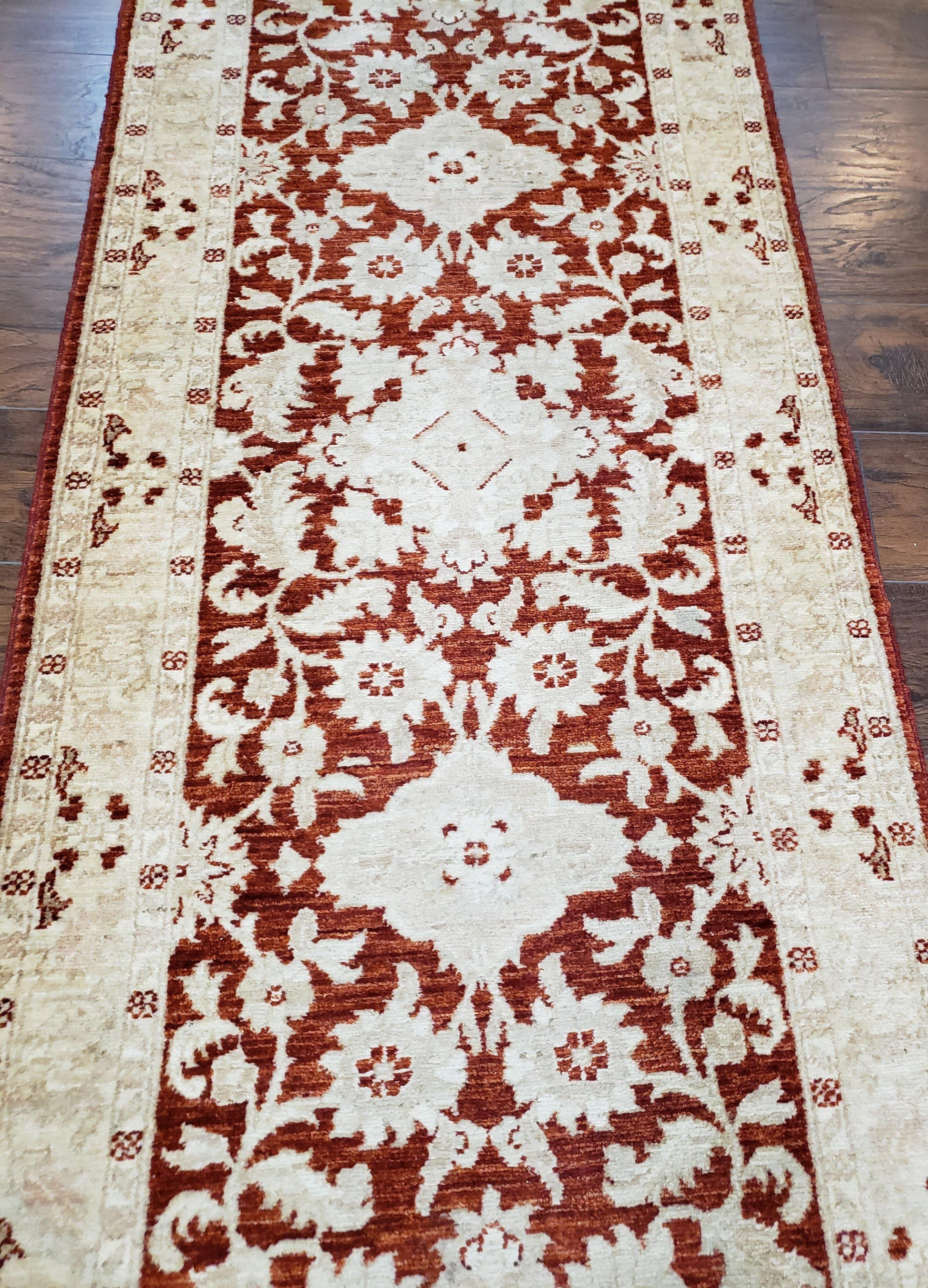21 ft Runner Rug Long Hallway Runner, 3 x 21 Corridor Rug, Peshawar Pak Persian Chobi Agra Rug, Maroon and Beige Large Flowers Wool Handmade - Nuvé