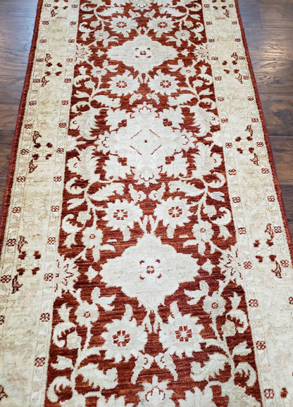 21 ft Runner Rug Long Hallway Runner, 3 x 21 Corridor Rug, Peshawar Pak Persian Chobi Agra Rug, Maroon and Beige Large Flowers Wool Handmade - Nuvé