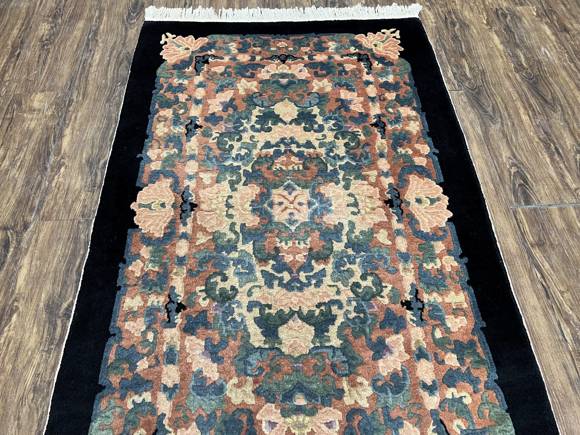 Chinese Art Deco Rug 3x5, Black and Beige Chinese Carpet 3 x 5, Vintage Rug, 1950s Rug, Floral Rug, Handmade Rug, Art Deco Rug, Wool Rug - Nuvé
