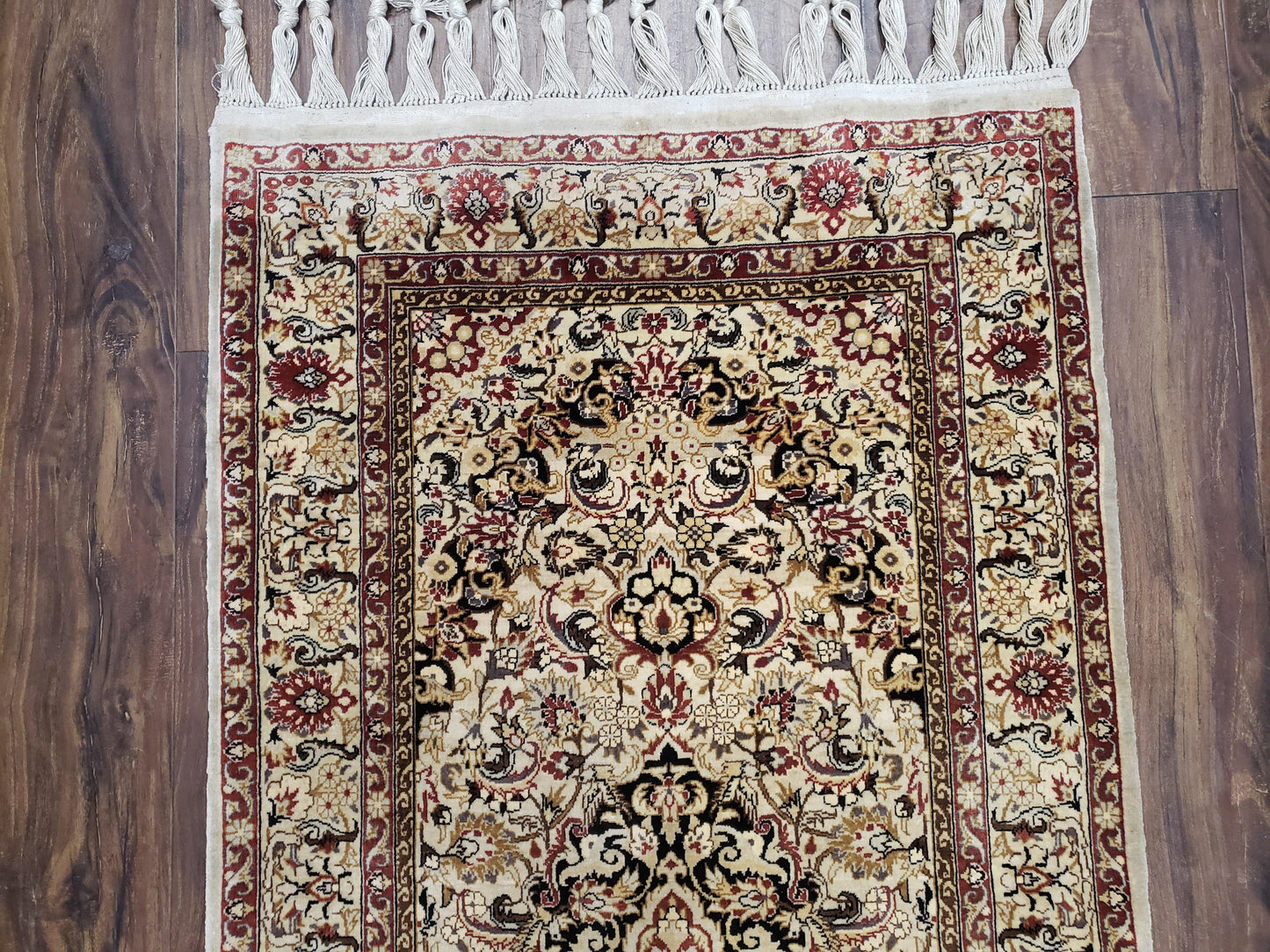 Silk Oriental Rug 1' 7" x 3', Very Fine Silk Carpet, Small Silk Rug, Traditional Floral Medallion, Hand-Knotted Cream Beige Vintage Silk Rug - Nuvé