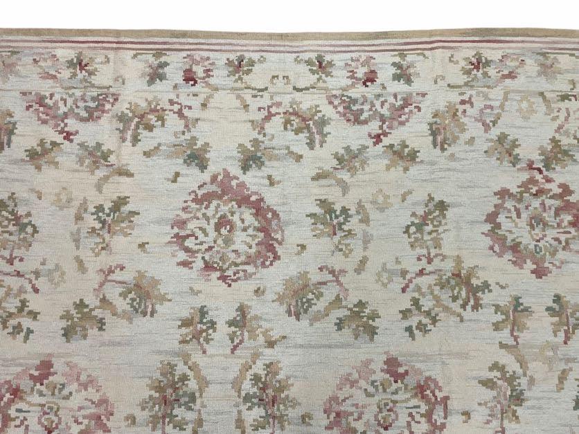 9x12 Flatweave Aubusson Needlepoint Rug, New, Beige, Tan, Green, Handmade, Hand-Knotted Area Rug, French European Carpet, Flowers