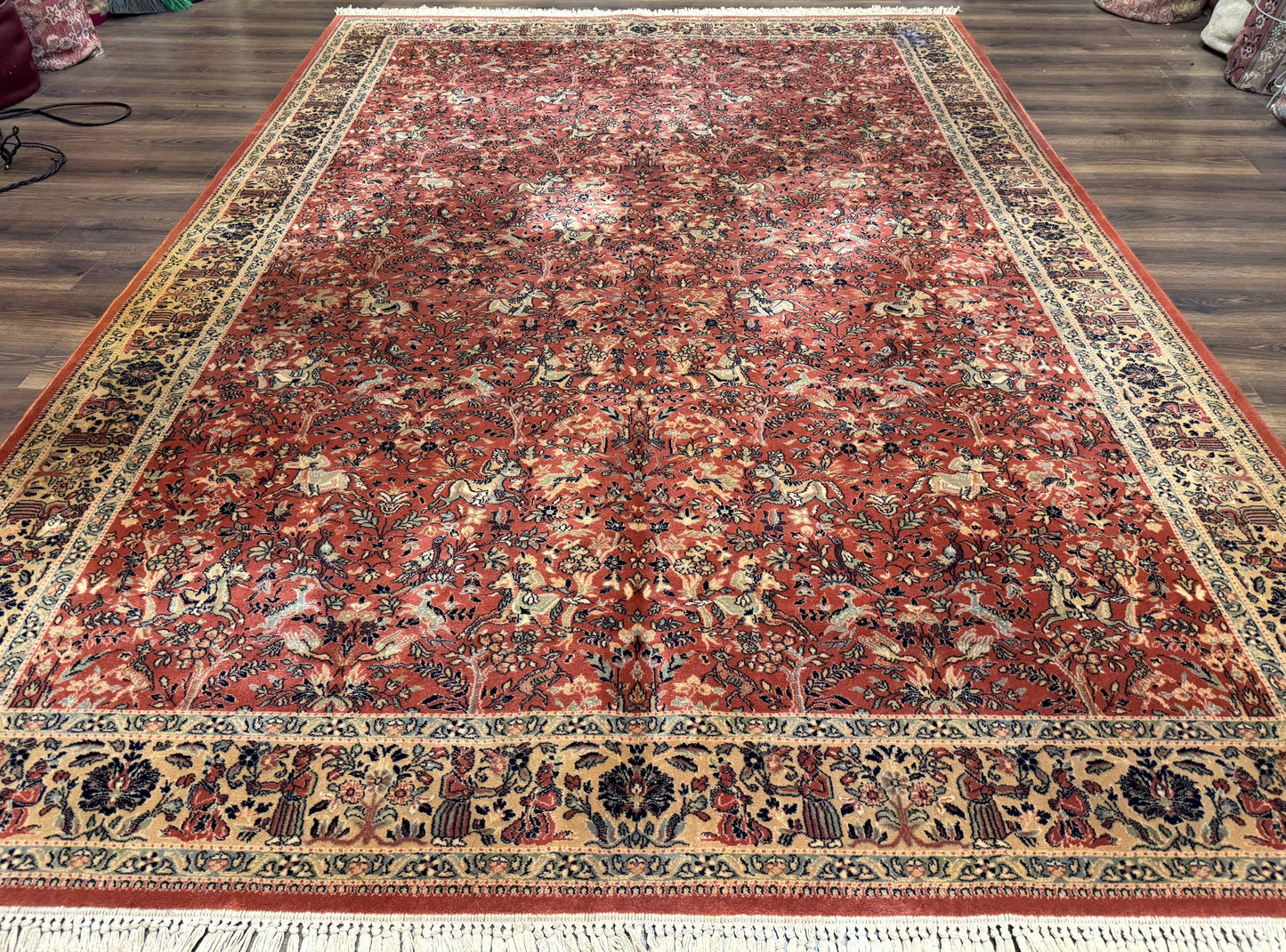 Persian Area Rug 8 x 11.6, Wool, Royal Hunting Scene, Vintage Couristan Rug, Red, Allover Pattern, Belgium Power Loomed - Nuvé