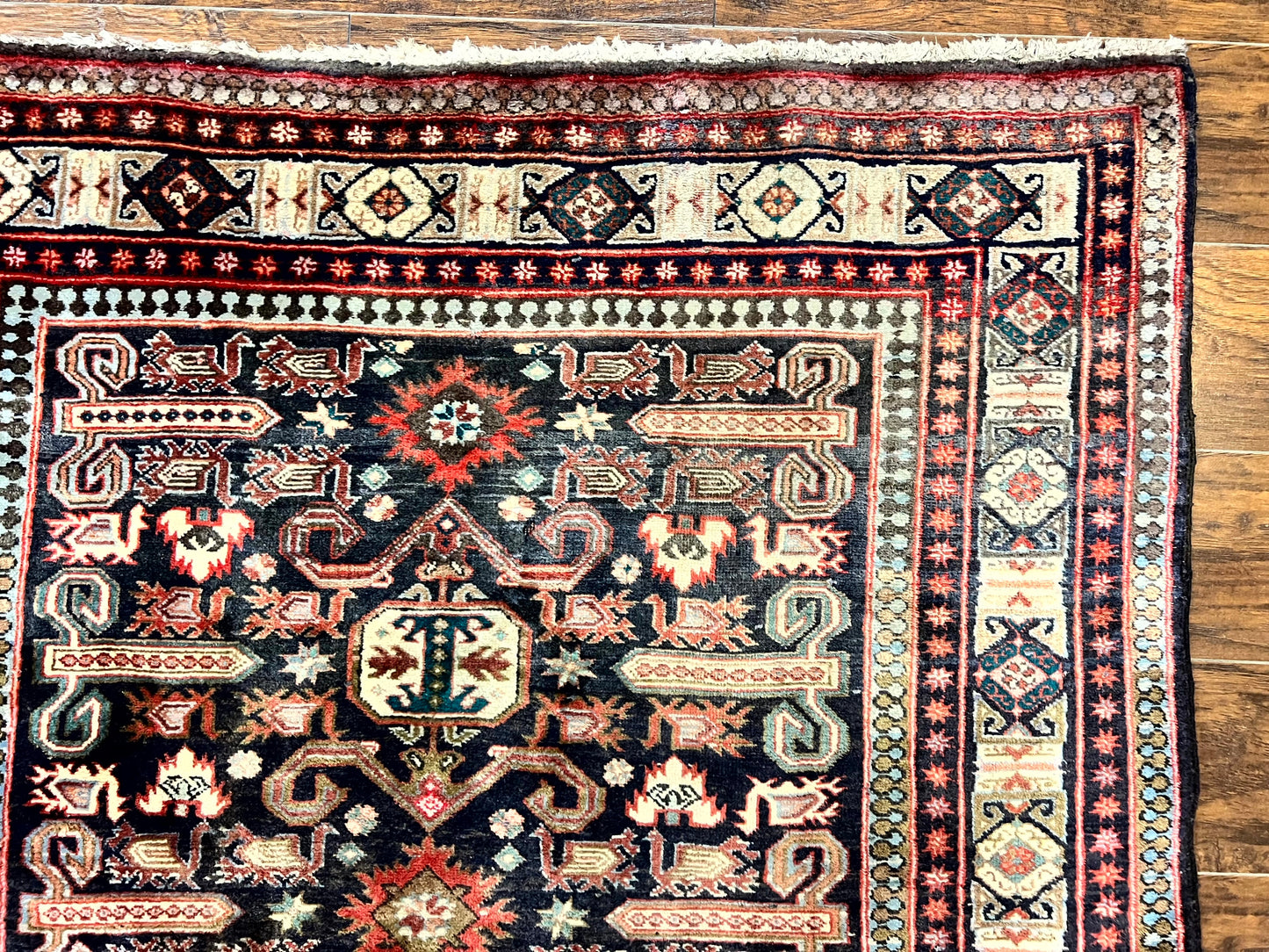 Persian Wide Runner Rug 4.8 x 10, Persian Kalegi Ardabil Rug, Perpedil Caucasian Rug, Antique Handmade Wool Carpet, Navy Blue Red, Tribal Rug