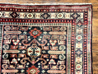Persian Wide Runner Rug 4.8 x 10, Persian Kalegi Ardabil Rug, Perpedil Caucasian Rug, Antique Handmade Wool Carpet, Navy Blue Red, Tribal Rug