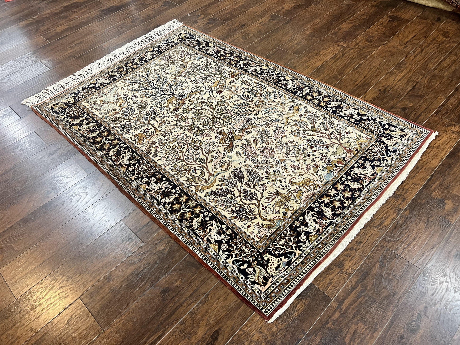Persian Qum Tree of Life Rug 5x7, Wool and Silk Highlights, Animal Motifs, Vintage Hand Knotted Handmade Cream & Black Fine Oriental Carpet - Nuvé