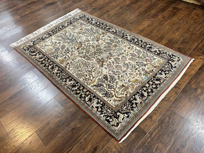 Persian Qum Tree of Life Rug 5x7, Wool and Silk Highlights, Animal Motifs, Vintage Hand Knotted Handmade Cream & Black Fine Oriental Carpet - Nuvé