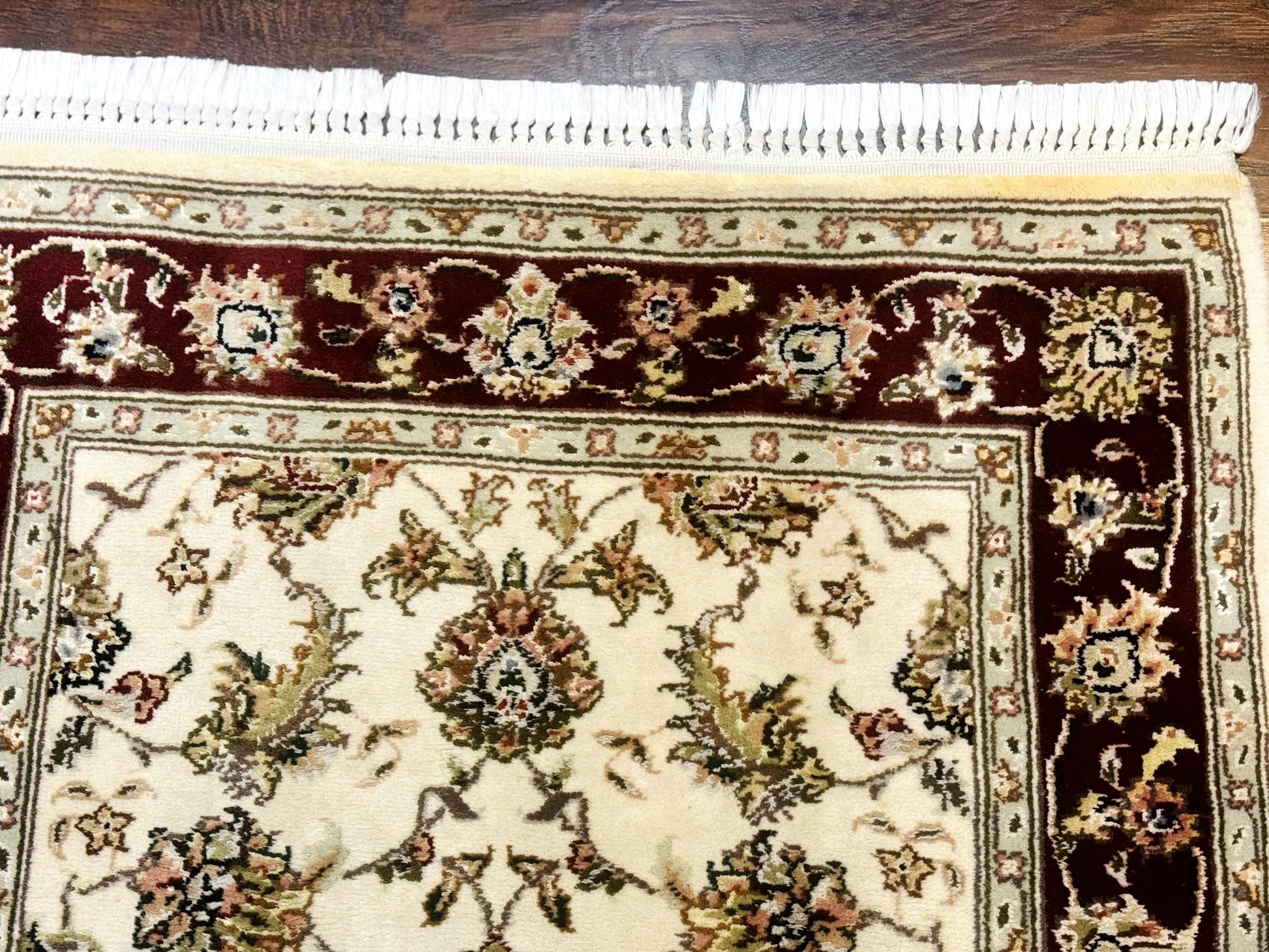 Pak Persian Runner Rug 2.8 x 8, Handmade Vintage Carpet, Beige and Maroon, Wool and Silk Highlights - Nuvé