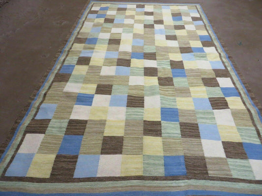 5' X 8' Hand-knotted Kilim Dhurrie Wool Cotton Rug Flat Weave Carpet Checkered Pattern Colorful Multicolor - Nuvé