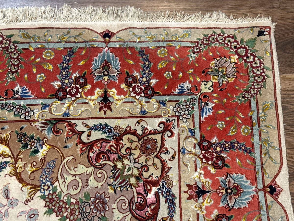Wonderful Persian Tabriz Rug 5x7, Very Fine 440 KPSI, Ivory and Coral, Rare